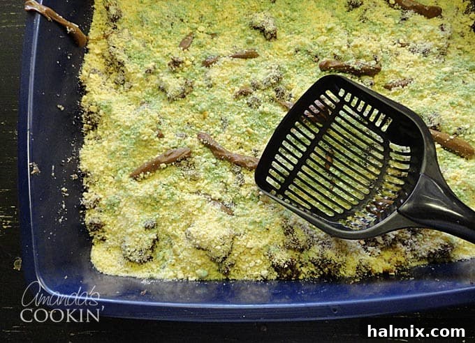 If you need Halloween food ideas for your Halloween party, be sure to check out all these sweet, savory and beverage ideas! Something for everyone. #halloweenrecipes #halloweenfoodideas #halloweenfood #halloweentreats #halloweenpartyfood #mummycookies #mozarellaeyeballs #spidertacodip #spidercookies #ricekrispypumpkins #ricekrispymonsters #dipinapumpkin #halloweenparty Gross-out Kitty Litter Cake in a litter box with candy 'waste'