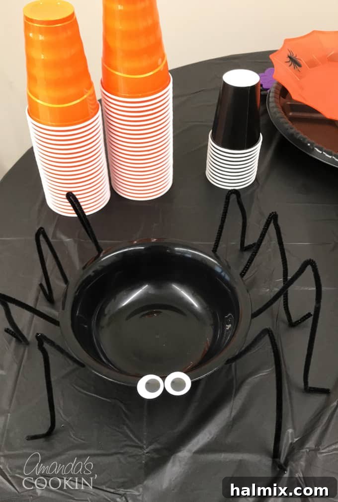 Wicked Halloween Bites 3 A black spider bowl with googly eyes, ready for dip