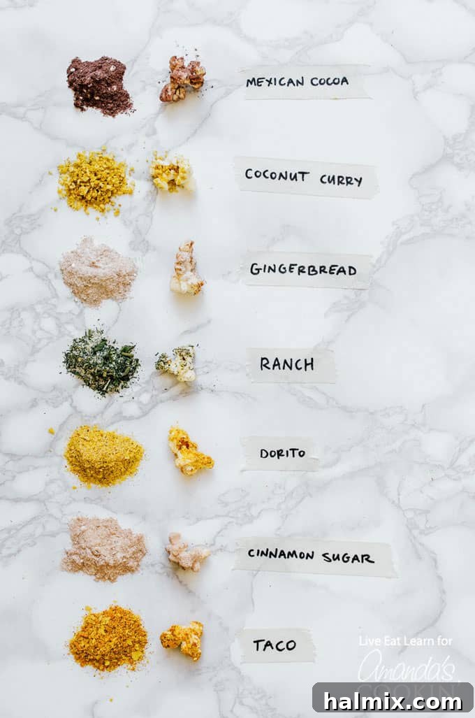 A vibrant display of several homemade popcorn seasonings, each clearly labeled with its unique flavor profile, inviting you to explore gourmet popcorn options.