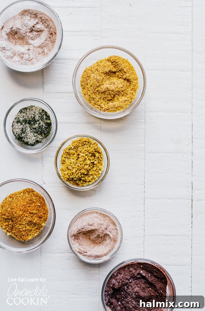 An array of freshly prepared homemade popcorn seasonings artfully arranged in small, elegant bowls, ready to be sprinkled over a warm batch of popcorn.