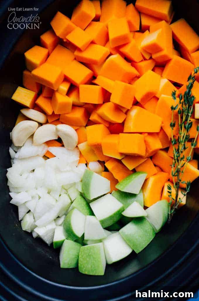 How to Make Homemade Butternut Squash Soup in a Crockpot Freshly chopped ingredients like butternut squash, apple, onion, and garlic ready in a slow cooker pot.