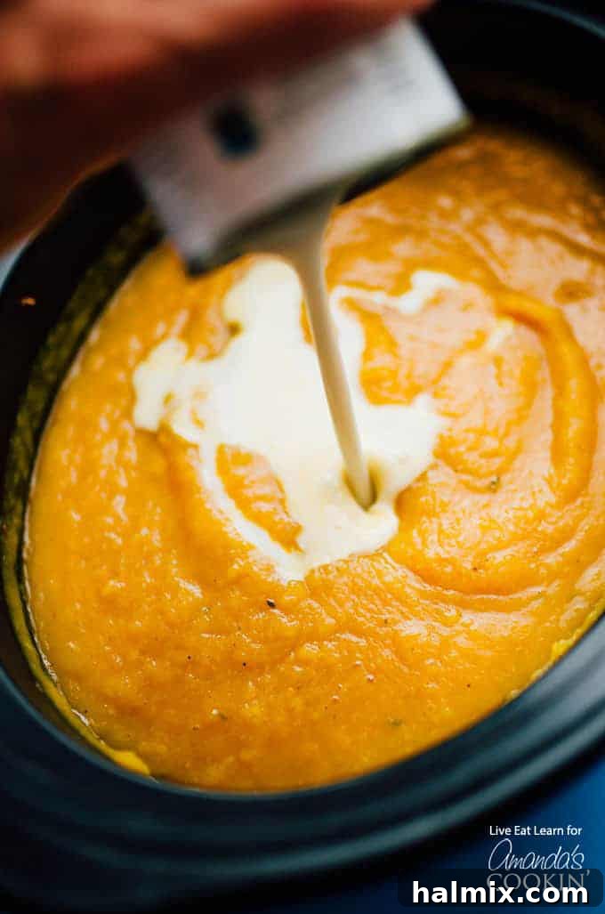 Blending Butternut Squash Soup for a Silky Smooth Texture Using a handheld immersion blender to puree Slow Cooker Butternut Squash Soup directly in the pot.