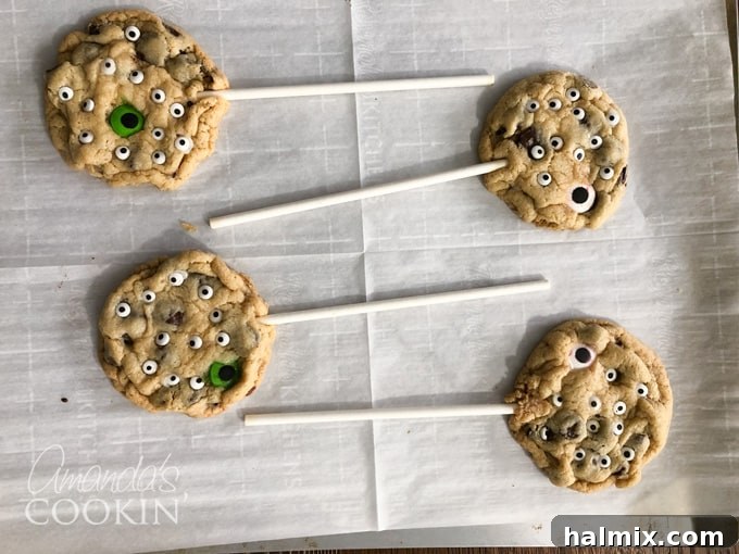 Ghoulish Gaze Cookie Pops 6 Monster Eyeball Cookie Pops cooling on a wire rack