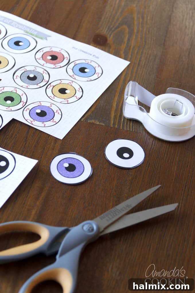 Ghoulish Gaze Cookie Pops 7 Printable monster eyeballs for decorating glasses