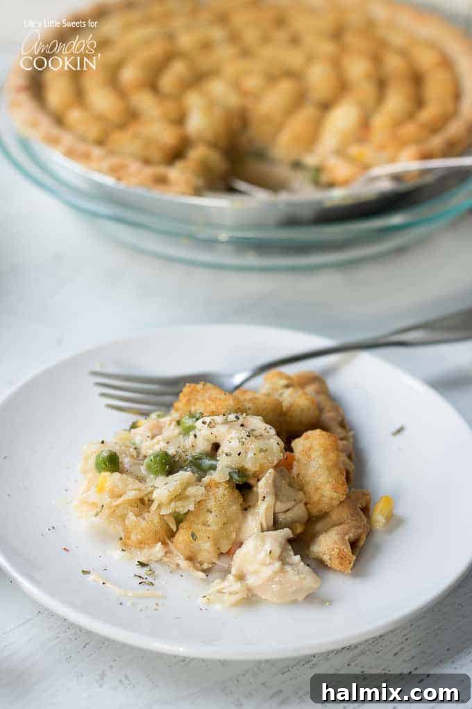 Chicken Pot Pie Tater Tot Casserole on a plate