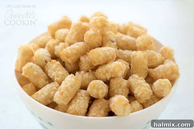 Tater tots for Chicken Pot Pie Tater Tot Casserole in a bowl