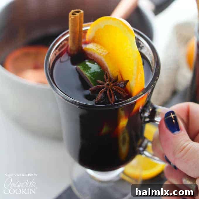 Glass mug of mulled wine garnished with orange and cinnamon