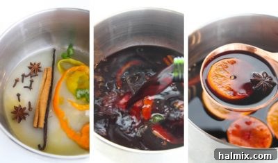 Combining ingredients in a saucepan for mulled wine