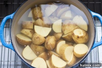Potatoes boiling in a large pot on the stovetop.