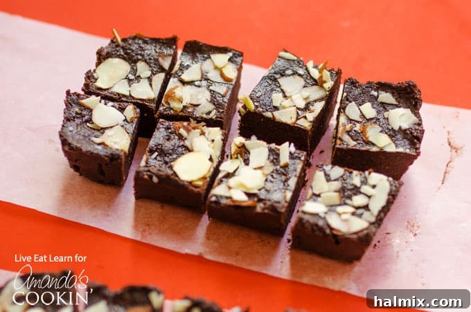 Close-up of fudge squares arranged neatly on parchment paper, showing their rich texture.
