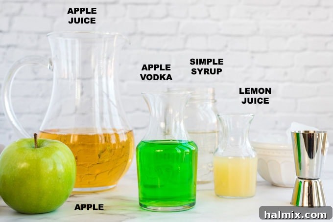Apple Elixir 2 Ingredients for an Appletini laid out: apple juice, apple vodka, lemon juice, and simple syrup, ready for mixing.
