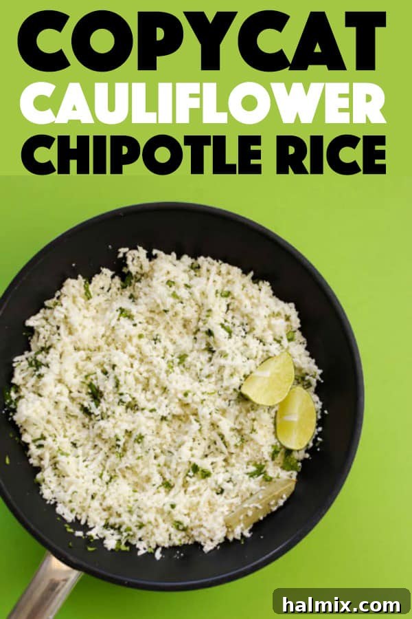 Delicious Cauliflower Copycat Chipotle Rice Recipe ready to be served or used in a bowl