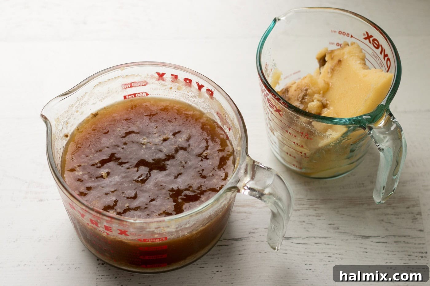 One liquid measuring cup of broth mixture and one liquid measuring cup of skimmed fat 