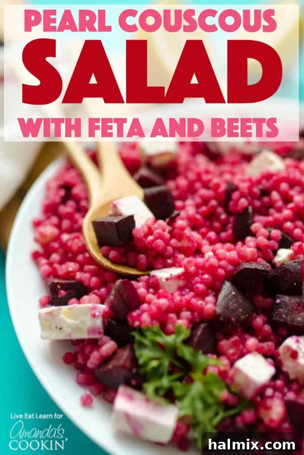 A final, overhead shot of the Pearl Couscous Salad with Feta and Beets, showcasing its full presentation and inviting texture.