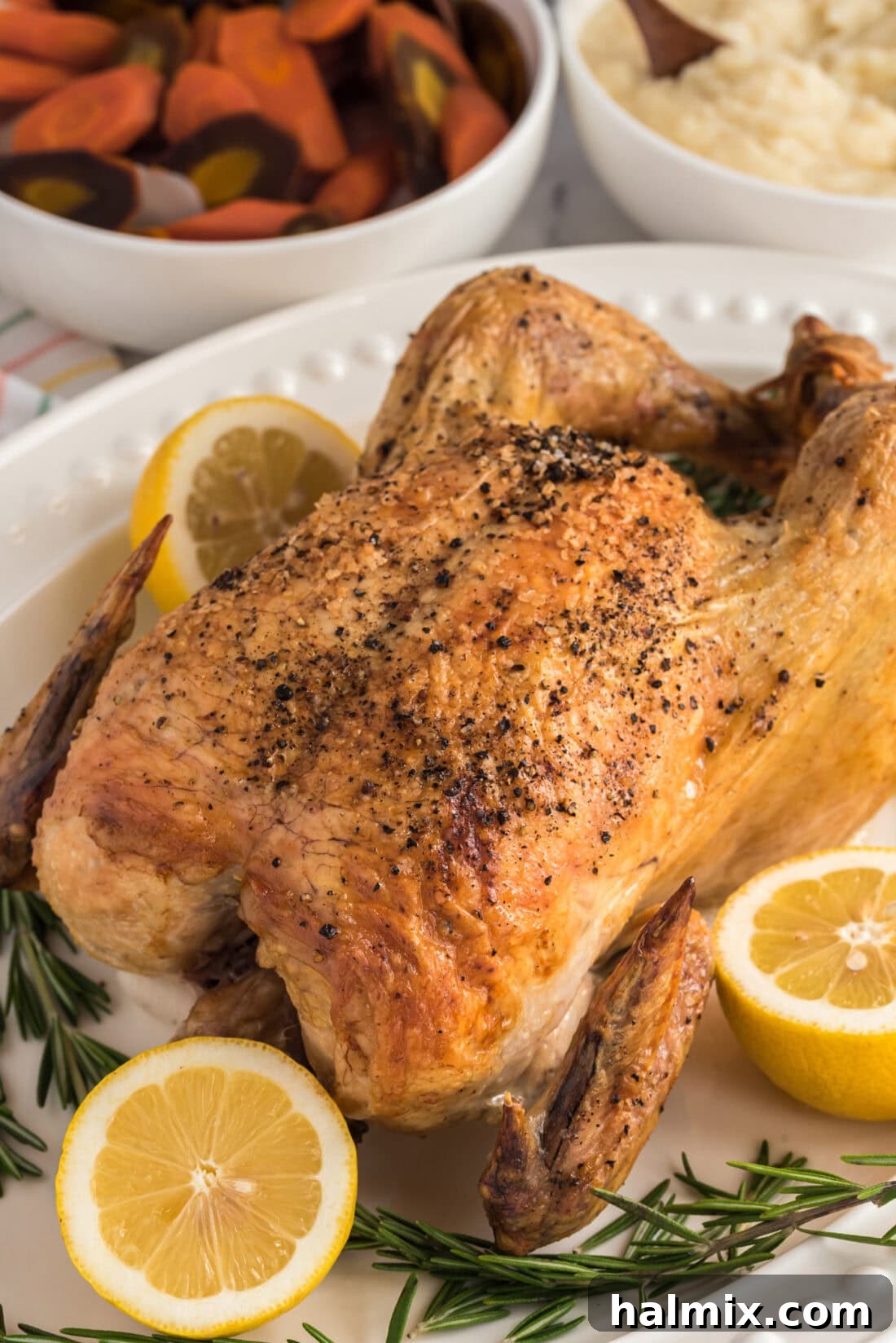Golden Roasted Chicken 3 Close-up view of a roasted whole chicken, highlighting its golden-brown, crispy skin texture, glistening and inviting.
