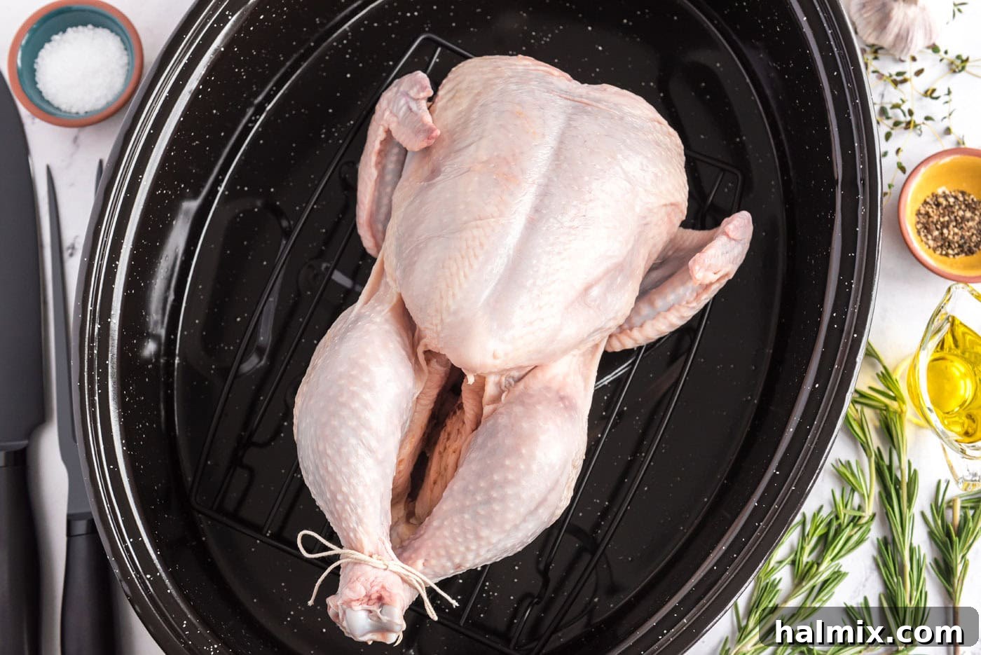 Golden Roasted Chicken 5 A whole raw chicken placed in a roasting pan, its legs securely tied together with butcher's twine, demonstrating proper trussing technique.
