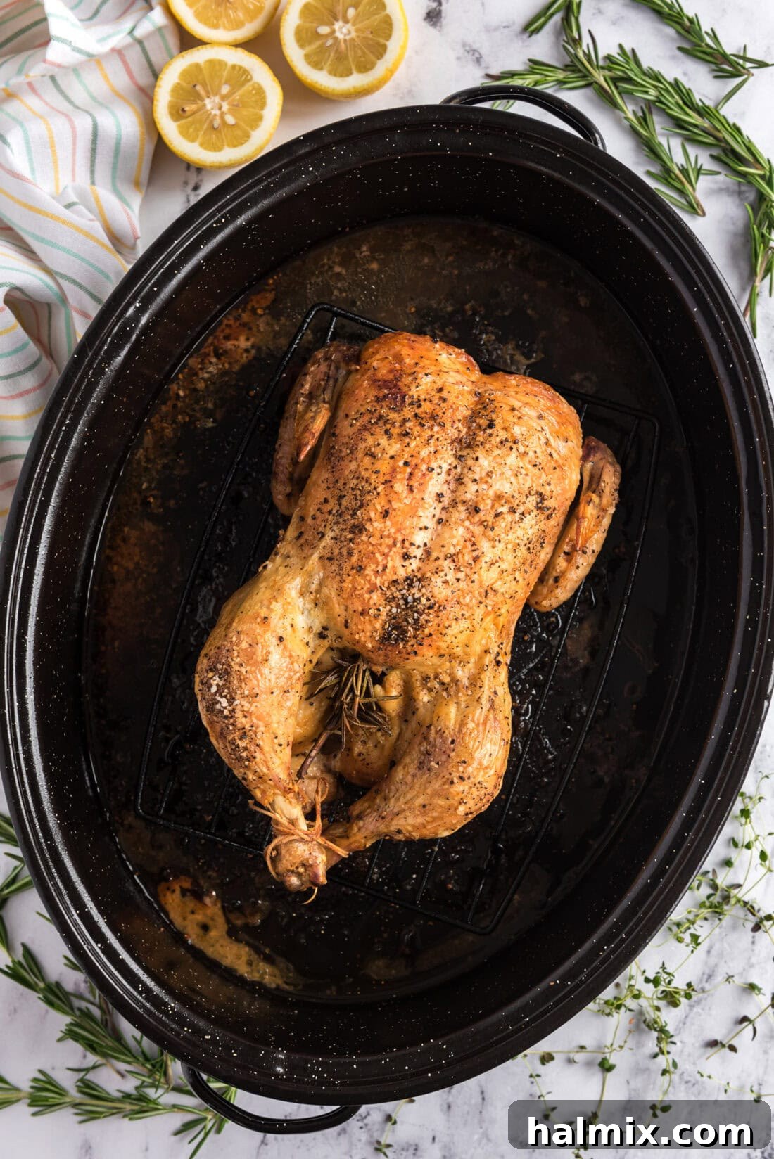 Golden Roasted Chicken 10 A freshly roasted whole chicken resting in a metal roasting pan, glistening with natural juices, awaiting carving and serving.