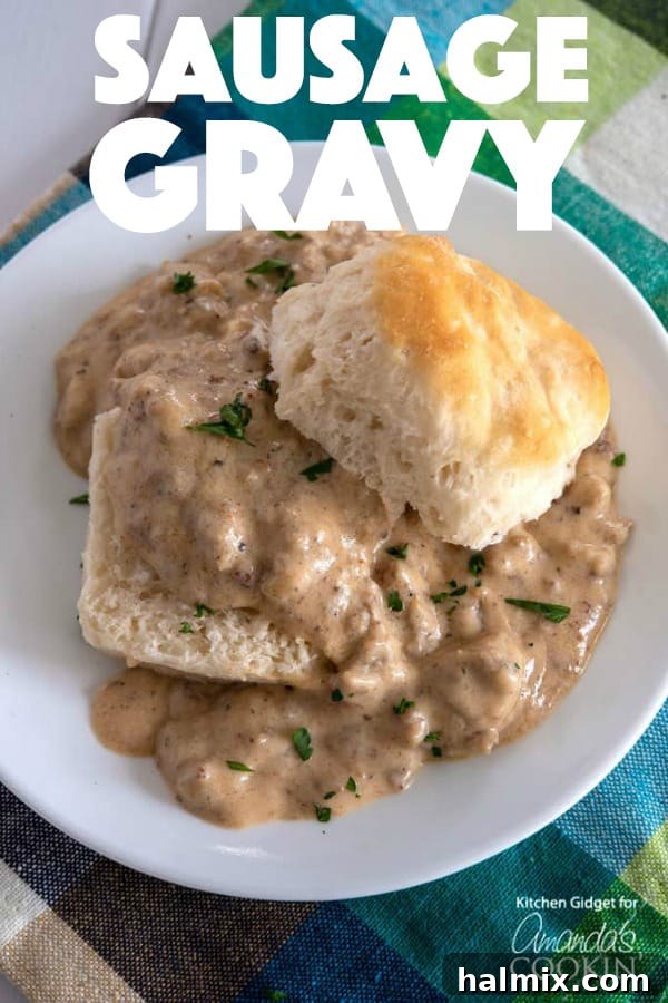 A beautifully composed shot of homemade sausage gravy served with fresh herbs, ready to be enjoyed as a comforting meal.
