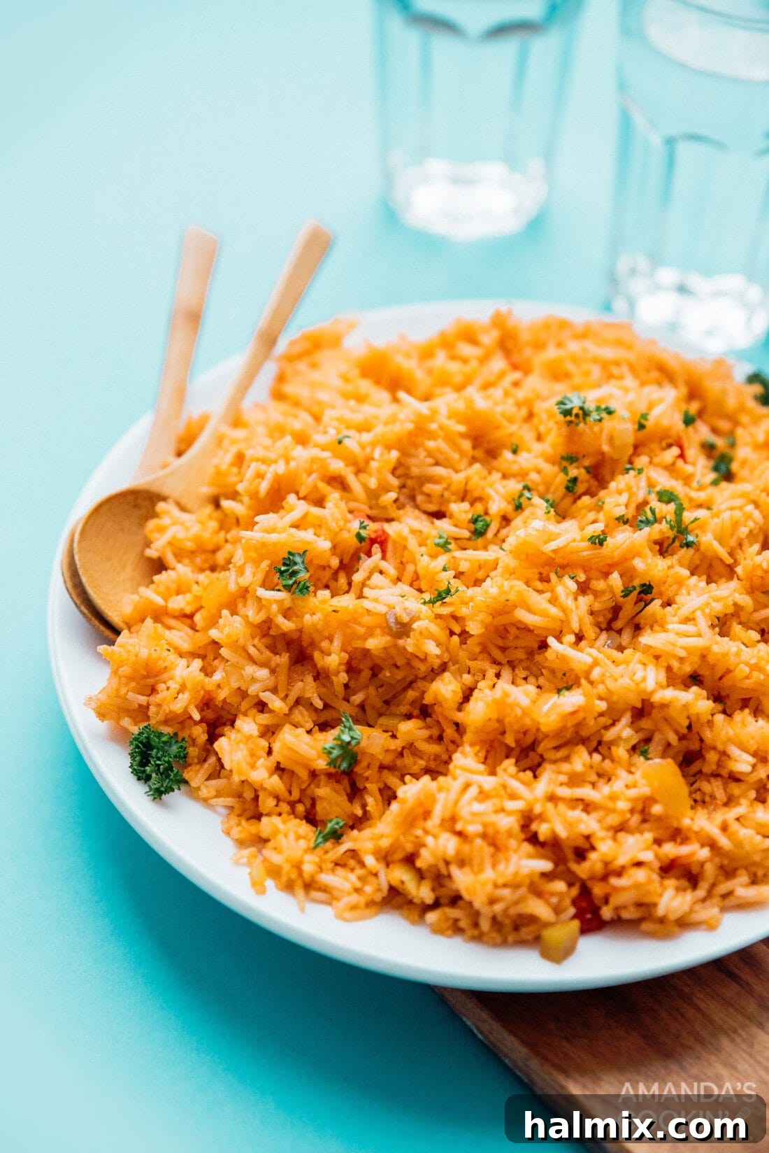 Plate of flavorful Classic Spanish Rice, garnished with fresh cilantro, ready to be served as a delicious side dish for a Mexican-inspired meal.