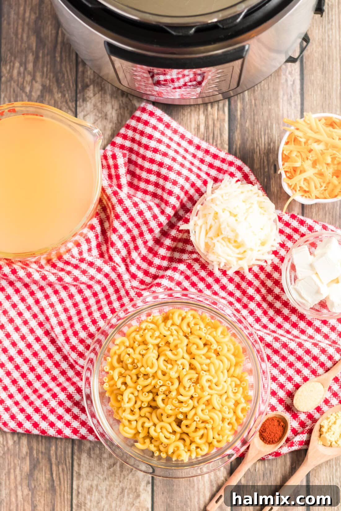 Variety of fresh ingredients for Instant Pot Mac and Cheese laid out