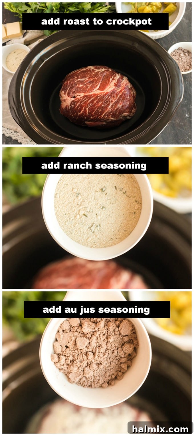 A raw chuck roast placed in a slow cooker, with ranch and au jus seasoning packets visibly sprinkled over its surface, ready for the next steps.