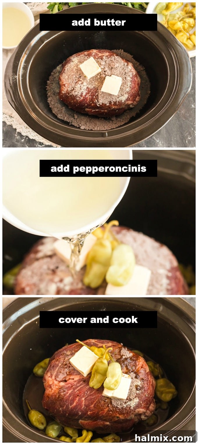 A chuck roast simmering gently in a slow cooker, surrounded by pepperoncinis and a rich, bubbling gravy, indicating it's perfectly cooked and tender.