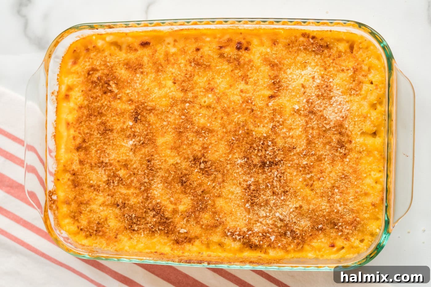 Golden-Crusted Macaroni Bake 11 A golden-brown, bubbly 9x13 inch pan of freshly baked macaroni and cheese, ready to be served.