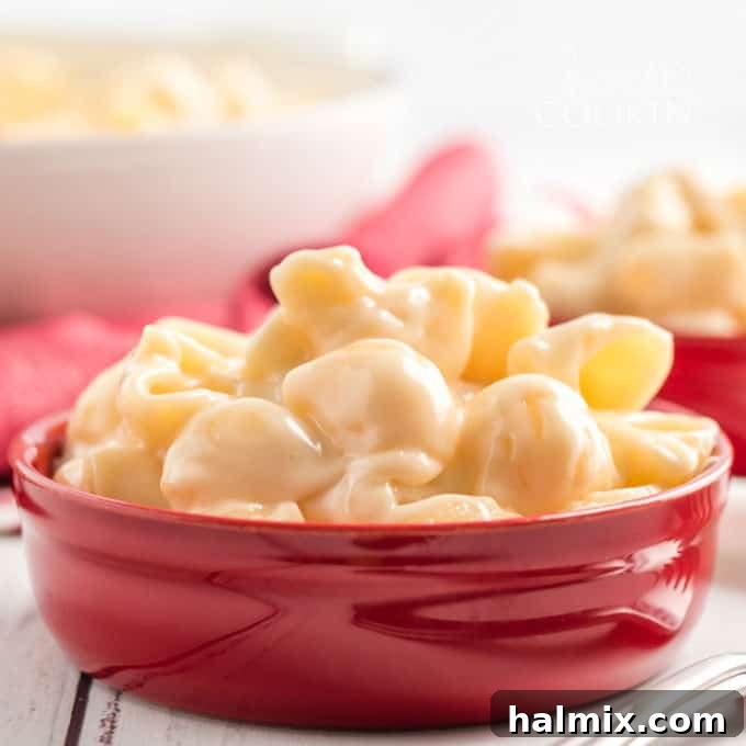 red bowl filled with copycat panera mac and cheese, perfectly portioned for serving