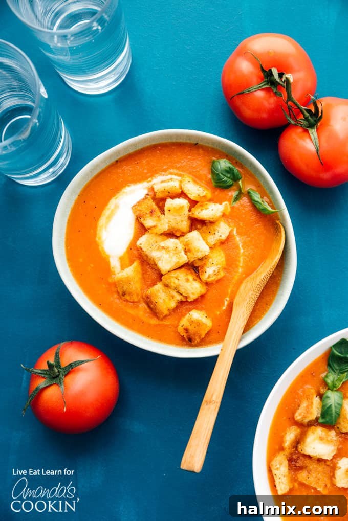 Effortless Tomato Bliss 2 bowl of tomato soup with croutons