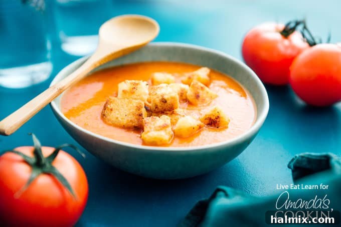 Effortless Tomato Bliss 5 bowl of tomato soup with croutons