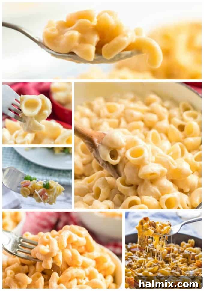 A vibrant collage showcasing various macaroni and cheese dishes, including baked, stovetop, and Instant Pot versions, highlighting their creamy and cheesy textures.