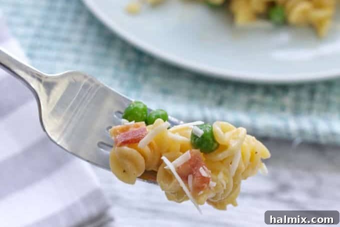 A fork lifts rotini pasta mixed with peas and a creamy cheese sauce, a mature take on mac and cheese.