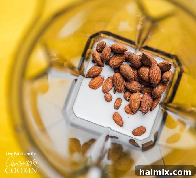 Fresh Vegetable Spring Rolls are made from colorful crisp vegetables and are a healthy appetizer that are perfect for summer! #springrolls #vegetable #veggierolls #summer #summerrecipes #potluck #avocado #jalapeno #appetizers #appetizerrecipes #vegetarian Close-up shot of coconut milk, salted roasted almonds, and garlic cloves inside a blender, ready to be processed into a creamy dipping sauce.