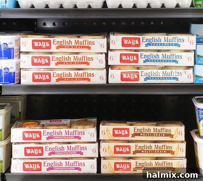 Fresh Bays English Muffins displayed in the dairy case of a grocery store