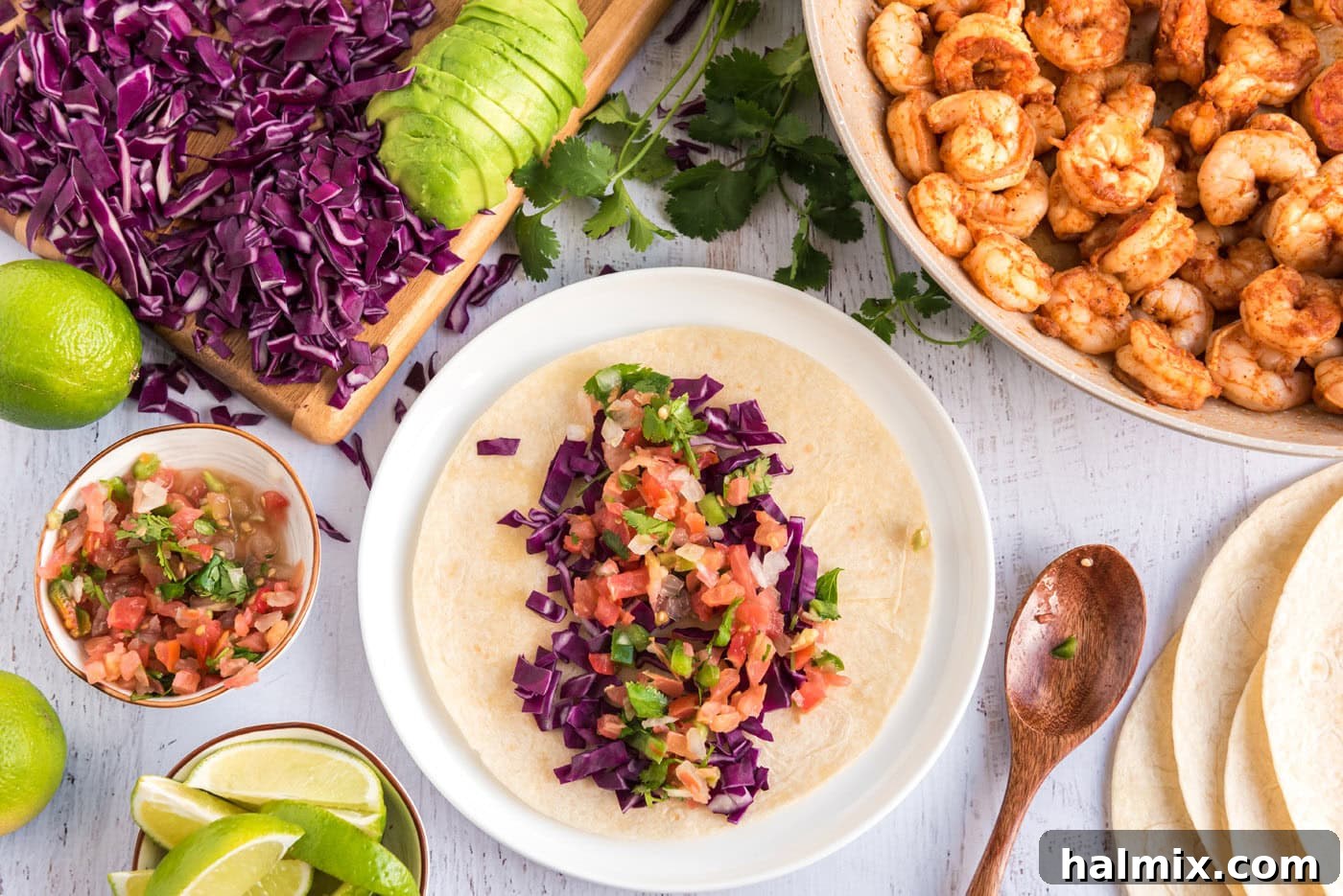 Coastal Shrimp Tacos 7 tortilla with cabbage, avocado, and fresh salsa