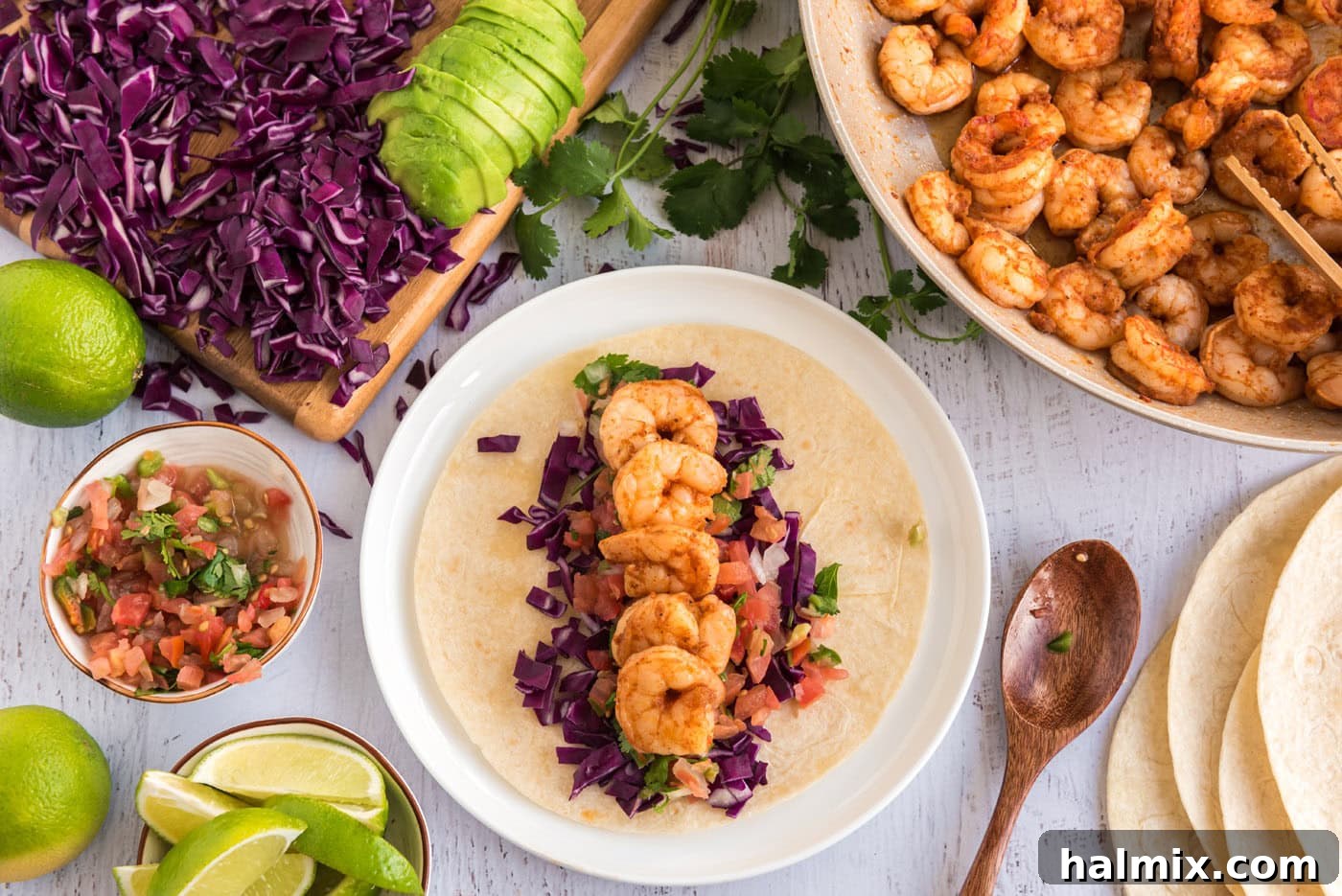 Coastal Shrimp Tacos 8 shrimp tacos with cabbage, avocado, and fresh salsa