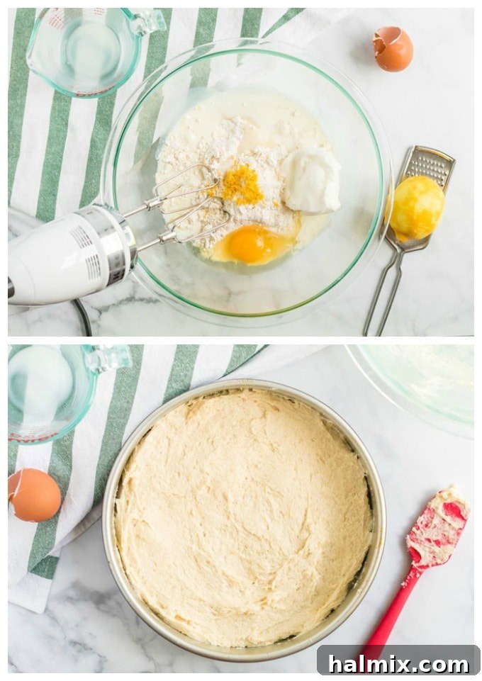 fig. 1 - mixing cake batter in a bowl; fig. 2 - batter spread into a cake pan