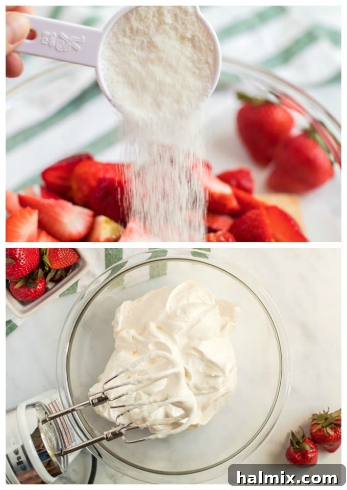 fig. 1 - pouring sugar on strawberries; fig. 2 - mixing up whipped cream in a bowl
