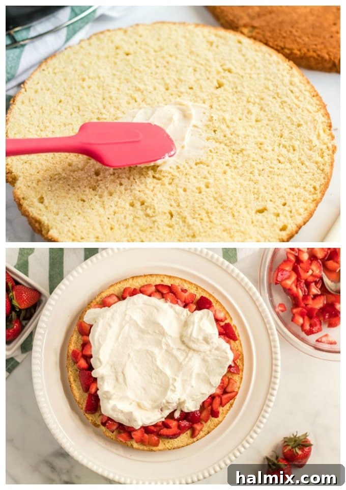 fig. 1 - spreading butter on cake layer; fig. 2 - cake layer with whipped cream and strawberries on top