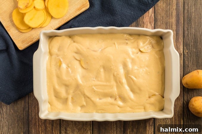 The top layer of thinly sliced potatoes fully covered with a thick, creamy cheese sauce, ready for baking.