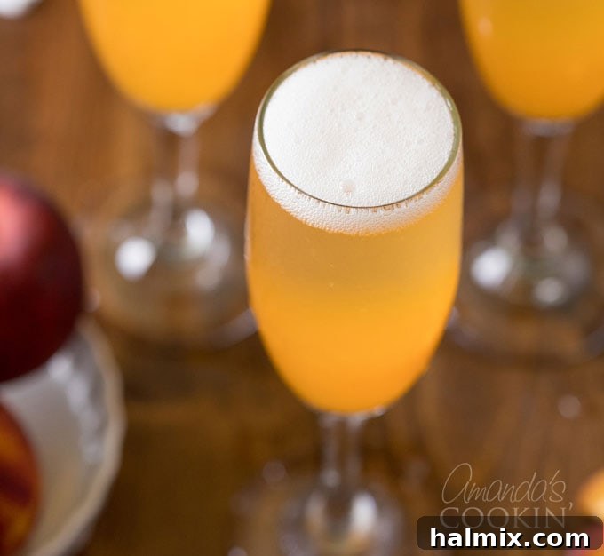 The delightful effervescence and frothy top of a freshly made Bellini cocktail, ready to be enjoyed.