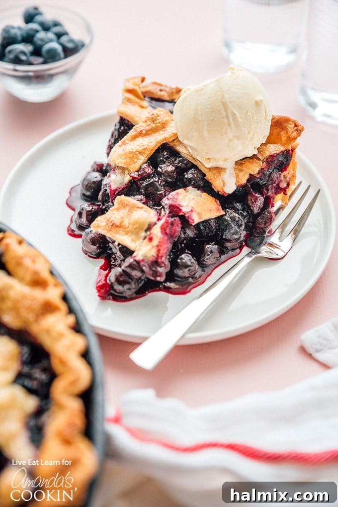 A delectable slice of homemade blueberry pie topped with a dollop of melting vanilla ice cream, showcasing the rich blueberry filling and golden lattice crust.