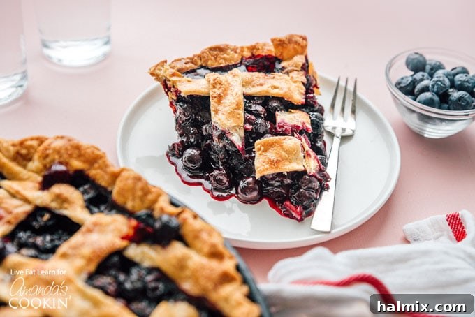 A pristine slice of blueberry pie, with its intricate lattice crust and vibrant fruit filling, presented elegantly on a white dessert plate.