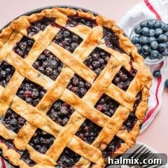 Overhead view of a delicious blueberry pie with a flaky golden crust, perfectly baked.