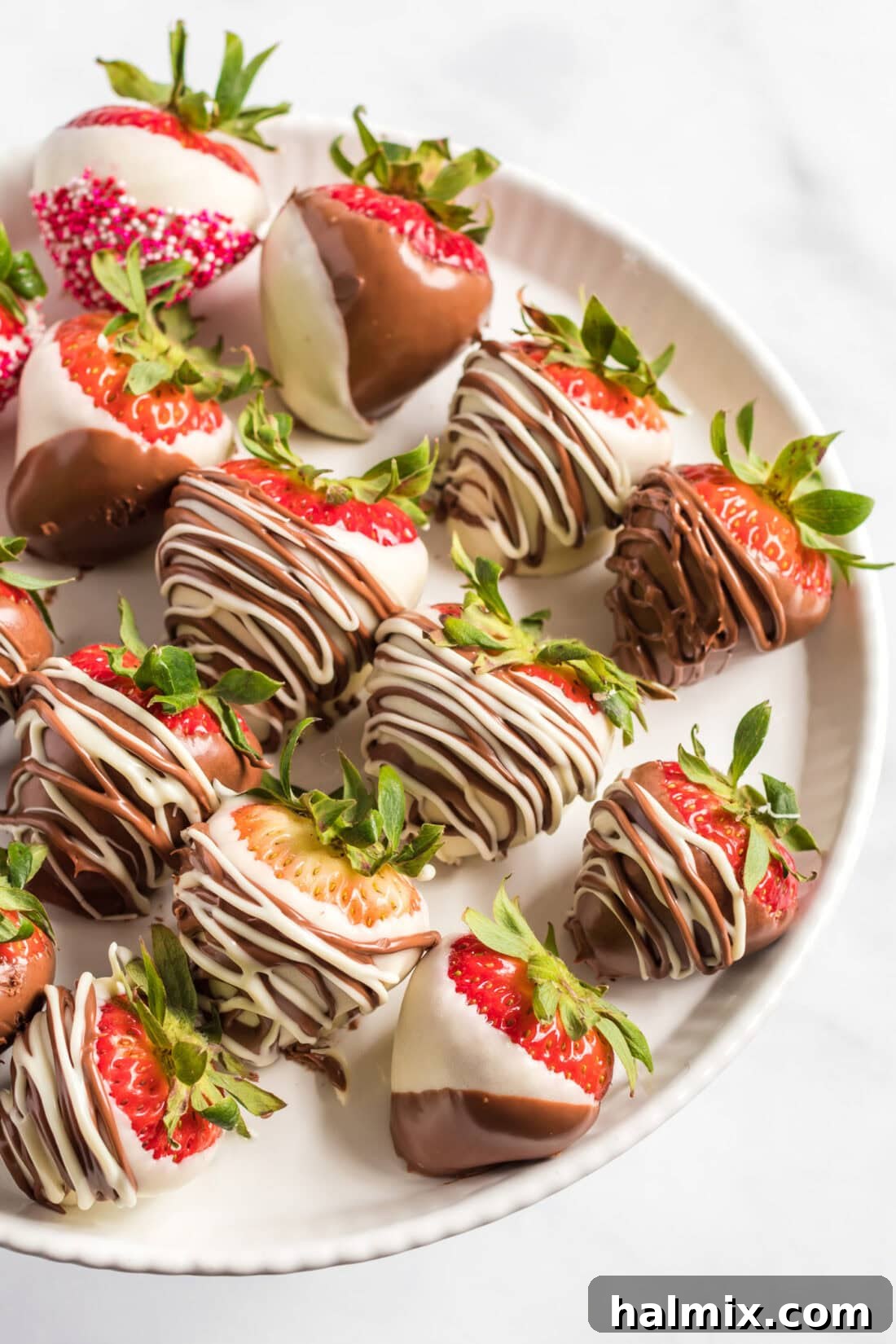 Close up photo of a plate of Chocolate Covered Strawberries