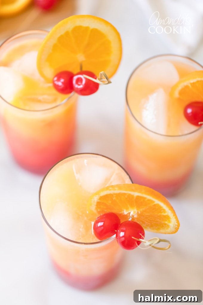 Overhead shot of two vibrant Tequila Sunrise drinks garnished with orange slices and cherries.