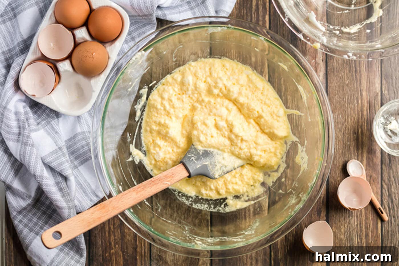 Pillowy Cloud Bread 8 The complete cloud bread mixture, airy and light, in a clear bowl before being portioned for baking