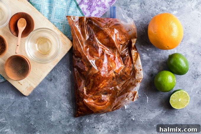 Chicken thighs marinating in a clear plastic bag with vibrant spices and citrus.