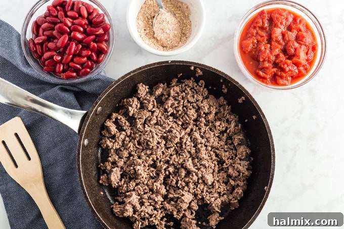 browned ground beef in a skillet