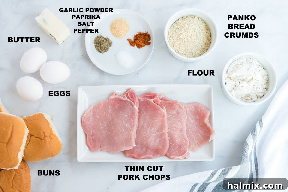 A collection of labeled ingredients including pork chops, flour, breadcrumbs, eggs, and spices, laid out for making pork tenderloin sandwiches.